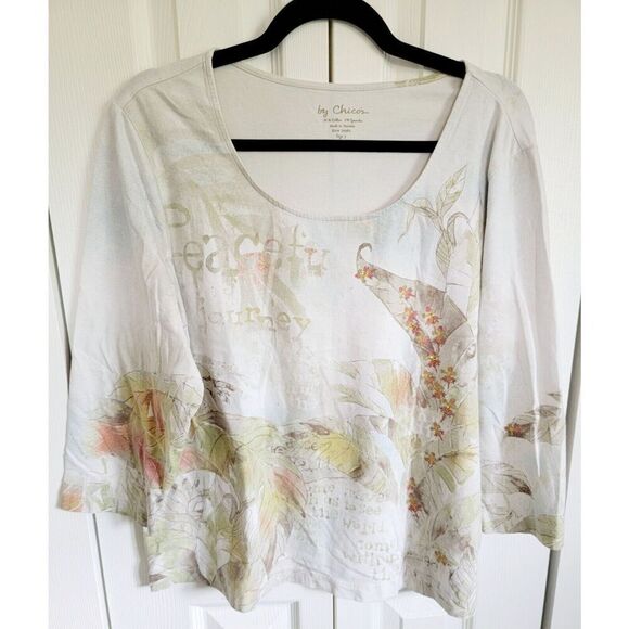By Chico's 3 T-Shirt 3/4 Sleeve Neutral Fall Colors Beaded Cotton Blend Stretch - Picture 1 of 8